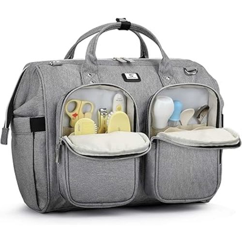 Diaper Bag Totes with Changing Pad & Stroller Straps, Large Portable Newborn Baby Bags, Unisex and Stylish Travel Diaper Backpacks for Mom and Dad (Light grey)
