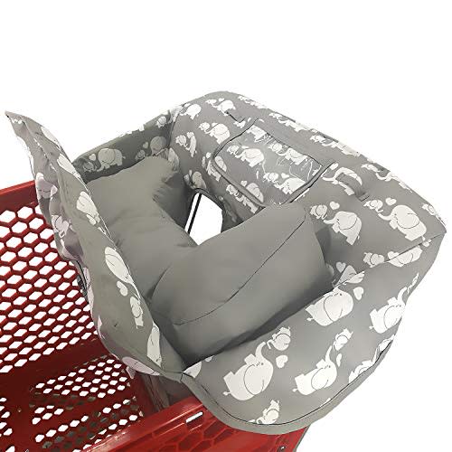 Soft Pillow Attached 2-in-1 Shopping Cart and High Chair Cover for Baby, Cotton Padded Cart Cover, Fold'n Roll Style, Portable with Carry Bag (Elephant)
