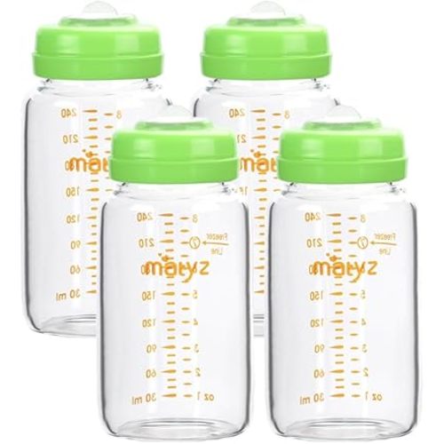 Matyz Glass Breastmilk Storage Containers, 4 Pack, 8 oz Bottle, Compatible with Spectra Medela Philips Pump - Freezer Safe Bottles Set - Leakproof Glass Breast Pump Bottles - No BPA (Green Lids)