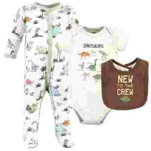 Hudson Baby Infant Boy Cotton Sleep and Play, Bodysuit and Bandana Bib Set, Dinosaur Adventures, 0-3 Months