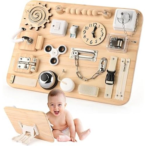 Potatomato Montessori Large Busy Board for 1 2 3 4 Year Old- Wooden Sensory Toys -Fidget Activity Board for Toddlers Boys and Girls- Motor Skills Gifts for ADHD & Autistic Children Kids