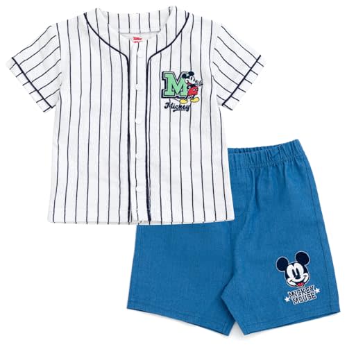 Disney Mickey Mouse Baseball Jersey Button Down Shirt & Denim Shorts Outfit Set Newborn to Little Kid Sizes (0-3 Months - 5)