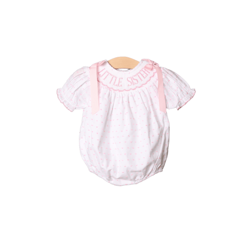 Smocked Little Sister Pink Swiss Dot Bubble