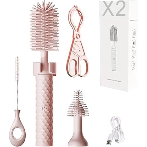 Electric Baby Bottle Brush, Rechargeable Cleaning Brush with Waterproof and Wall-Mounted Design, Silicone Bottle/Pacifier/Straw Brush, 360° Rotating Cleaning, for New Mom (Pink)