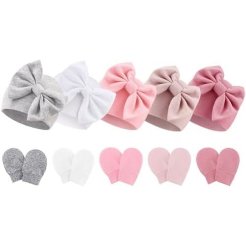 Baby Hats and Mittens Set Toddler Cotton Bow Beanie Infant Cap No Scratch Gloves Newborn Hospital Hats