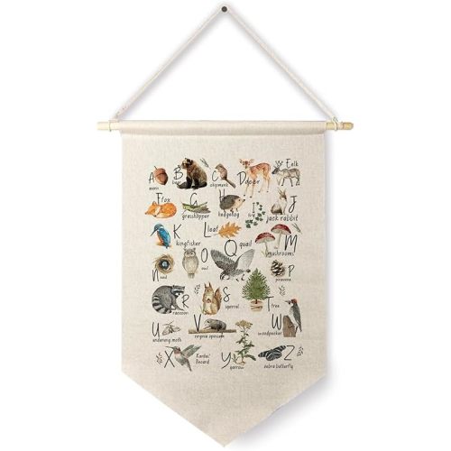 Qpenm Woodland Animals Alphabet Hanging Wall Canvas Banner, Wild Animal Nursery ABC Educational Hanging Pennant Flag Prints Wall Decor Poster&Prints for Toddler Kids Room Playroom Classroom