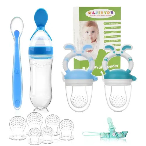 WAJIAYON Baby Fruit Feeder Pacifier | 2 Infant Food Feeder Pacifier & 1 Baby Food Dispensing Spoon | Mesh Fresh Fruit Teethers for Babies Teething Toys | Shower Gifts for Boys and Girls (Blue & Navy)