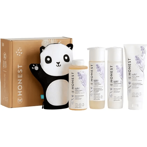 The Honest Company Lavender Bathtime Essentials Bundle | Shampoo + Body Wash, Conditioner, Face + Body Lotion, Bubble Bath, Panda Bath Mitt | Naturally Derived, Tear-free, Hypoallergenic