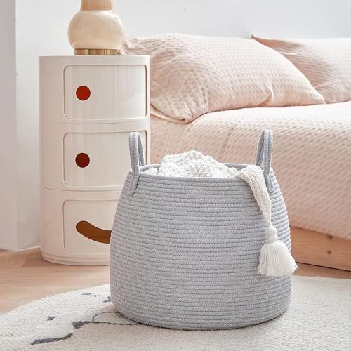 Nursery Laundry Basket | Kids Hamper for Blankets, Pillows,Toys (15"x 13")| Baby Toy Basket | Nursery Storage for Boho Room Decor | Ideal Gift for Baby Showers| Grey
