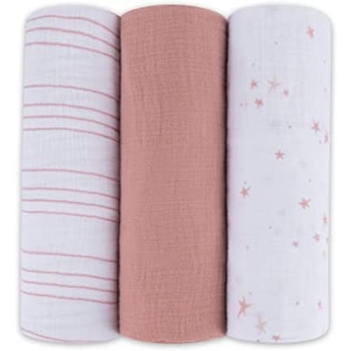 Ely's & Co. Muslin Swaddle Blanket 3-Pack for Baby Girl — 100% Cotton Muslin Extra-Large Swaddle Blankets (47” x 47”) — (Mauve Pink Stars │ Solid Dusty Rose │ Dusty Rose Stripes)