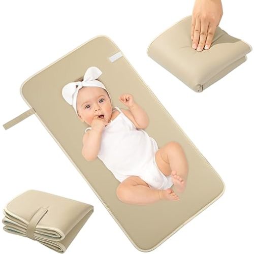 HOMBYS Waterproof PU Leather Portable Changing Pad,Wipeable Changing Pad for Travel with Foam Filling,Lightweight and Foldable Changing Mat for Diaper Bag,Khaki