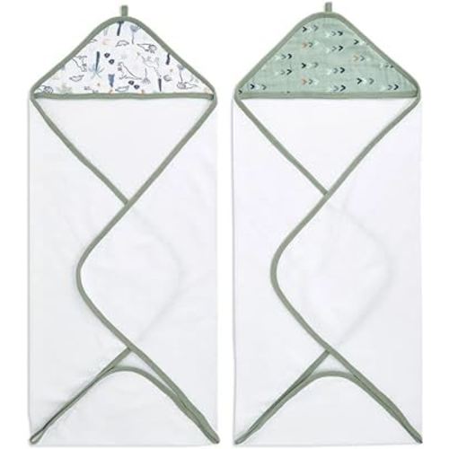 aden + anais Aden Classic Hooded Baby Bath Towel, Super Soft 100% Cotton, 2 Pack, Dinotime