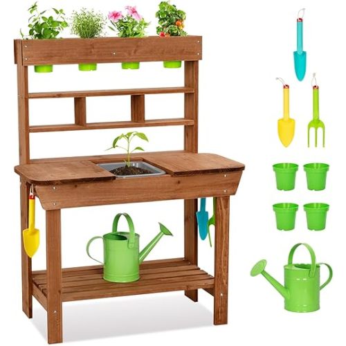 Potting Bench with Removable Sink, Potting Benches for Outside, Mud Kitchen for Kids Outdoor with Gardening Tools, Watering Can, Flower Pot, Ideal Gift for Boys and Girls 3+, Solid Fir Wood