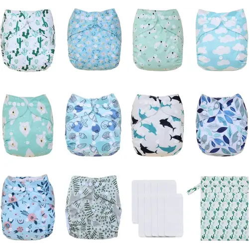 Baby Cloth Diapers Washable Reusable One Size Adjustable for Baby 10 Pack with 10 Pcs Microfiber Inserts, 1 Wet Bag
