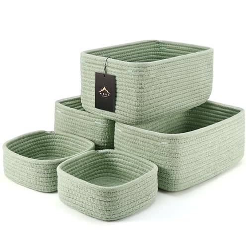 5-Pack Small Woven Rope Storage Baskets – 2 Sizes Organizer Bins for Closet, Shelf, Bookshelf, Nursery, Changing Table, Fabric Cube Boxes, Rectangular Shallow Bins for Bathroom, Toy & Home