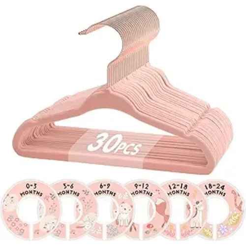 VIS'V Baby Hangers, 11 Inch Velvet Kids Hangers with 6 Pcs Clothes Size Dividers, Infant Toddler Nursery Closet Organization, Non Slip, Pink, 30 Pcs