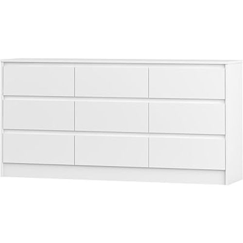Modern 9 Drawer Wood Dresser for Bedroom, Large Floor Storage Drawer Cabinet Lateral Chest of Drawers Handle Free Organizer for Closet Living Room (White, 9 Drawer)