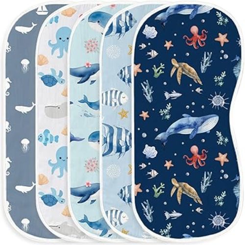 5-Pack Baby Burp Cloths for Boys,100% Muslin Cotton Super Absorbent Burping Rags, Ultra Soft Large Washcloths with Whale & Seahorse Ocean Prints, Newborn Essentials Gift Set
