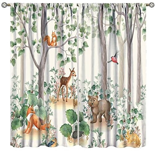 Forest Animal Curtains,Fox Elk Bird Animal Watercolor Woodland Print Curtains Kids Nursery Bedroom Living Room Home Decoration 42x45 Inch