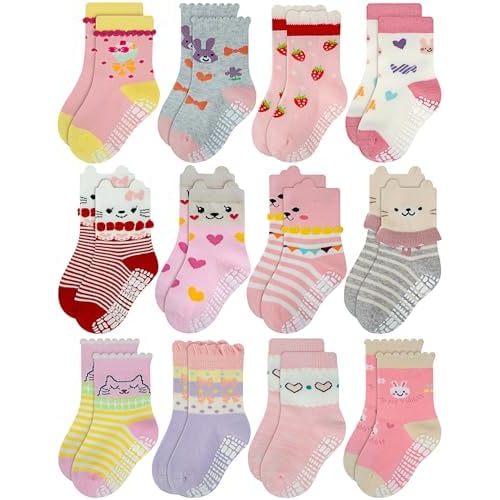 RATIVE Non Skid Anti Slip Cotton Dress Crew Socks With Grips For Baby Infant Toddler Kids Girls