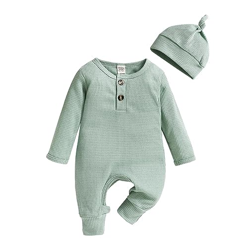 Infant Boys Girls Clothes Set Newborn Baby Romper Hat Ribbed Knit Long Sleeve Button Solid Bodysuit Jumpsuit
