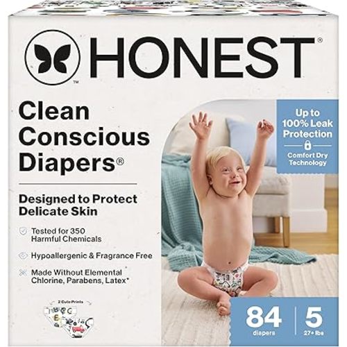 The Honest Company Clean Conscious Diapers for Sensitive Skin | Hypoallergenic, Fragrance Free | Gender Neutral Prints | Super Club Box, Size 5 (27+ lbs), 84 Count