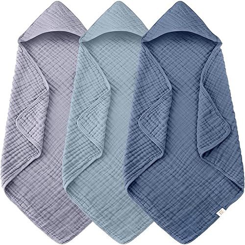 Ease Cubs 3-Pack Muslin Hooded Baby Towels, 100% Cotton, Ultra-Soft & Absorbent Baby Bath Towels with Hood for Babies, Infant, Toddler and Newbron (Grey and Navy Blue Series,32" x 32")