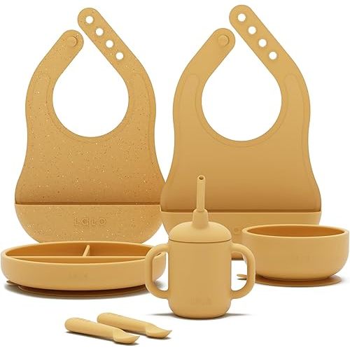 Lalo First Bites Silicone Baby Feeding Set - Baby Led Weaning Supplies - Non-Toxic Silicone - Includes 2 Bibs, 2 Spoons, Training Cup, Suction Plate and Bowl - 6 Pieces - Honey