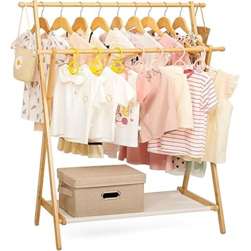 Kids Clothing Rack with 2 Hanging Rods and 4 Hooks, Kid Dress Up Holder with Bottom Storage Shelf, Child Garment Stand, Small and Foldable, Bamboo (Natural)