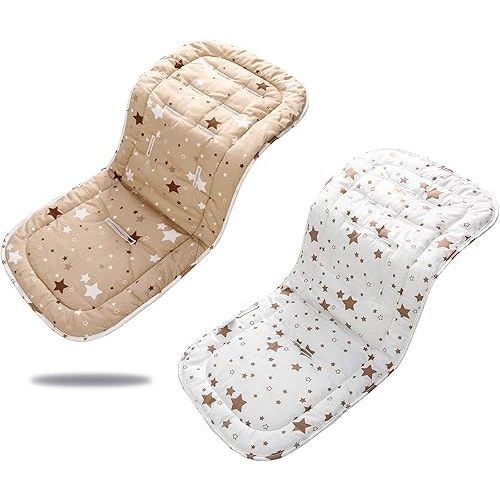 Baby Stroller Cushion,Infant Car Seat Insert-Reversible Universal Breathable and Soft Newborn Stroller Mat, 100% Cotton Cover Toddler Seat Pad Liner-34x78cm,1 Pack（White + Brown Stars）