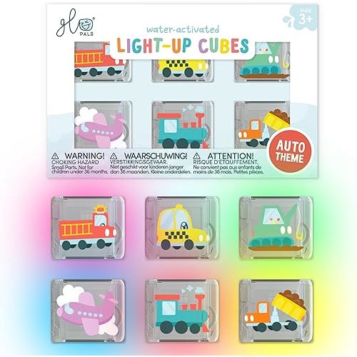 Glo Pals Water Activated Light-Up Sensory Bath Toy Cubes for Bathtime and Sensory Play, 6 Reusable Light-Up Cubes for Kids and Toddlers, Automobiles