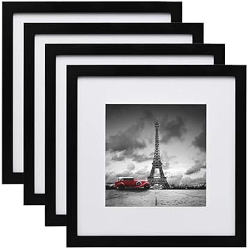 Egofine 12x12 Frame, Made of Solid Wood with HD Plexiglass for Pictures 8x8 with Mat or 12x12 without Mat, Wall Mounting Display, Set of 4, Black