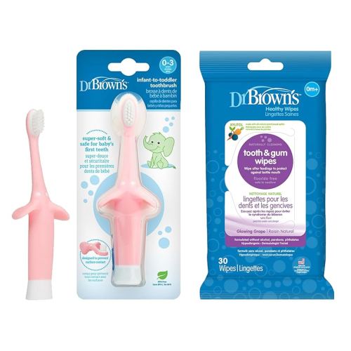 Dr. Brown's Infant-to-Toddler Training Toothbrush, Soft for Baby's First Teeth, Pink Elephant, 0-3 Years & Tooth and Gum Wipes, 30 Count