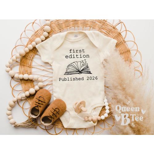First Edition Baby Onesie: Custom Year, Librarian Mom Gift, 2026