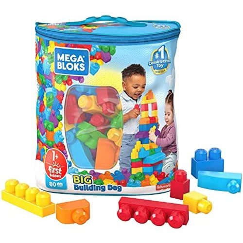 Mega Bloks First Builders Big Building Bag with Big Building Blocks, Building Toys for Toddlers (80 Pieces) - Blue Bag