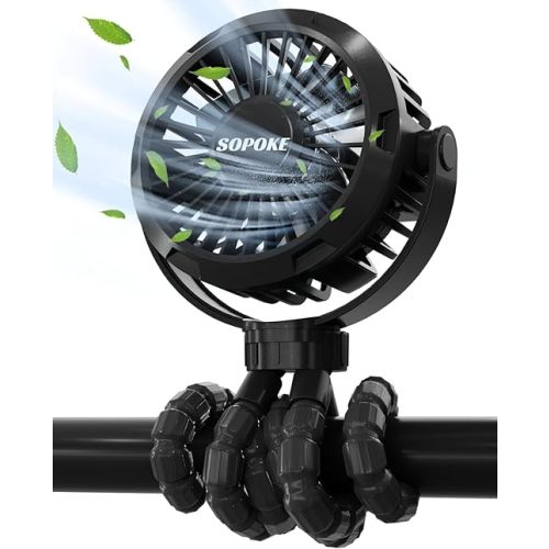SOPOKE Mini Portable Baby Stroller Fan,3 Speed Personal Handheld Fan,Battery Operated Rechargeable 360° Flexible Tripod Cooling Fan, Suitable for Car Seat Crib Treadmill Golf Cart Travel(Black)