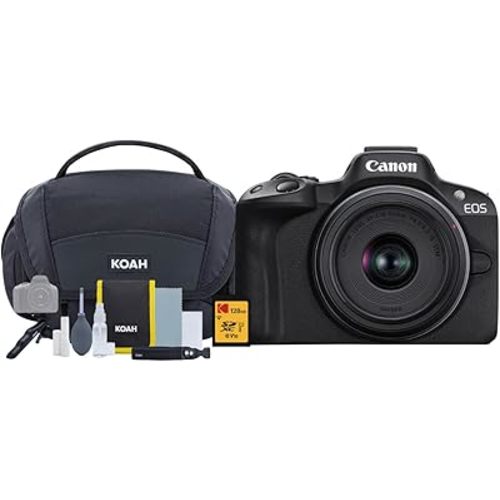 Canon EOS R50 Mirrorless Camera and 18-45mm Lens (Black) Bundle with 128GB SD Card and Camera System Gadget Bag with Accessory and Cleaning Kit (3 Items)