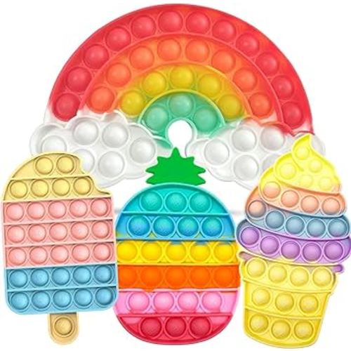 4 Pcs Fidget Toys for Kids, Rainbow Push Bubble Fidget Toys Ice Cream Sensory Toy Pineapple Squeeze Toys Set for ADHD Autism Stress Relief Toy for Girl Gift