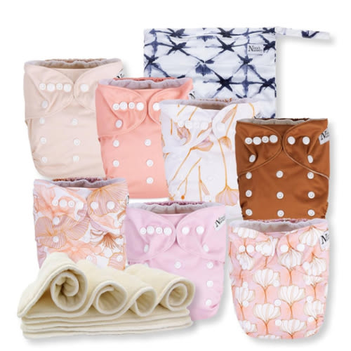 Nora's Nursery Cloth Diapers 7 Pack with 7 Inserts & 1 Wet Bag - Waterproof Cover, Washable, Reusable & One Size Adjustable Pocket Diapers for Newborns and Toddlers - Harlow