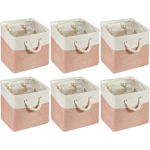 6 Pcs 11 x 11 Inch Cube Storage Bins Fabric Cube Storage Organizer Bins Foldable Storage Cube Baskets with Sturdy Carry Handles Multipurpose Storage Cube for Home (Orange Pink and White)