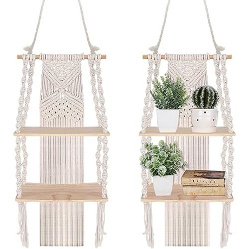 Barydat 2 Pack Macrame Wall Hanging Shelf 2 Tier Handmade Boho Hanging Wall Shelf Floating Woven Rope Decorative Storage Racks Holder Organizer for Home Bedroom Bathroom Plants, Beige