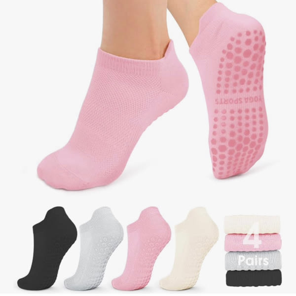 yeuG Pilates Socks for Women Non Slip Grip Socks for Yoga, Barre, Hospital, Barefoot Grippy Yoga Sock Womens Gifts 4 Pairs