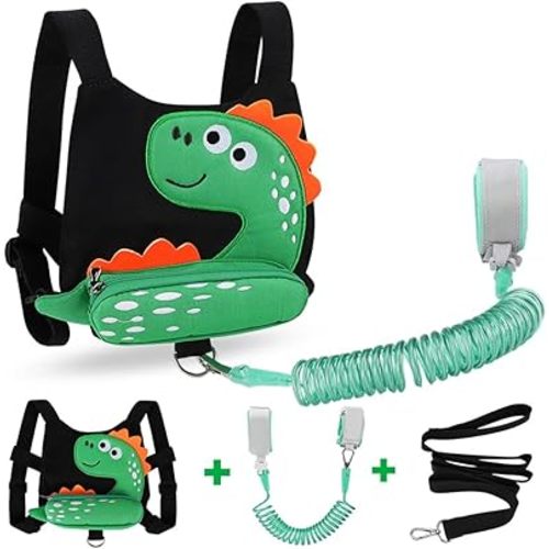 3 in 1 Toddler Harness Leash + Baby Anti Lost Wrist Link, Accmor Cute Dinosaur Child Safety Harness Tether, Kids Walking Wristband Assistant Strap Belt for Parent Boys Outdoor Activity (Black)