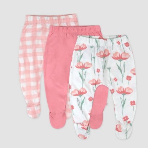 Honest Baby 3pk Floral Footed Harem Pants - Pink 0-3M