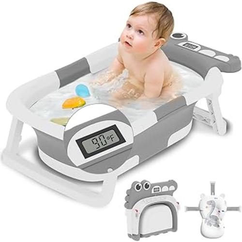 Collapsible Baby Bathtub, Baby Bath Tub with Soft Cushion & Thermometer, Alligator Baby Bathtub with Detachable Feet, Durable Infant Bathtub Applicable 0-24 Months, Gray