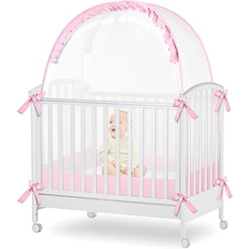 Baby Crib Tent Net to Keep Baby from Climbing Out, Baby Safety Tent Toddler Canopy Netting Falls and Mosquito Bites with Breathable Mesh & Pack N Play Tent(Pink,Twin Size)