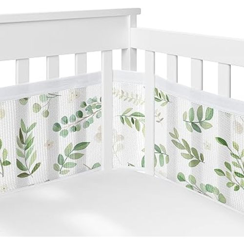 Sweet Jojo Designs + BreathableBaby Green Boho Floral Leaf Boy or Girl Breathable Mesh Crib Liner Baby and Infant - Sage Bohemian Gender Neutral Watercolor Botanical Woodland Garden Nature