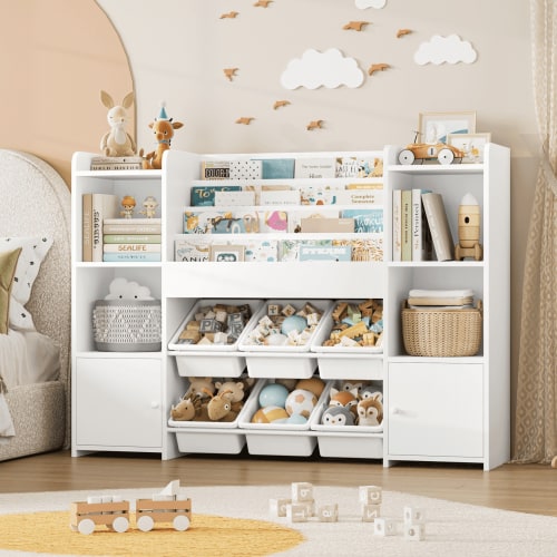 Hiphuta Kids Toy Box, Wooden Toy Organizer with Bookshelf, White Storage Bins for Playroom