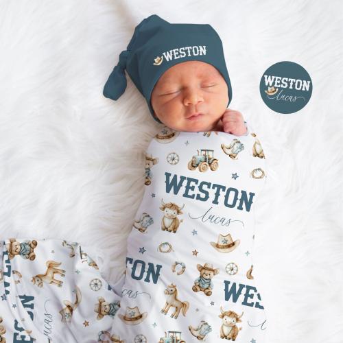 Cowboy Baby Blanket, Country Boy, Western Customizable Blanket, Personalized Highland Cow, Hello My Name Is Baby Swaddle Shower Gift