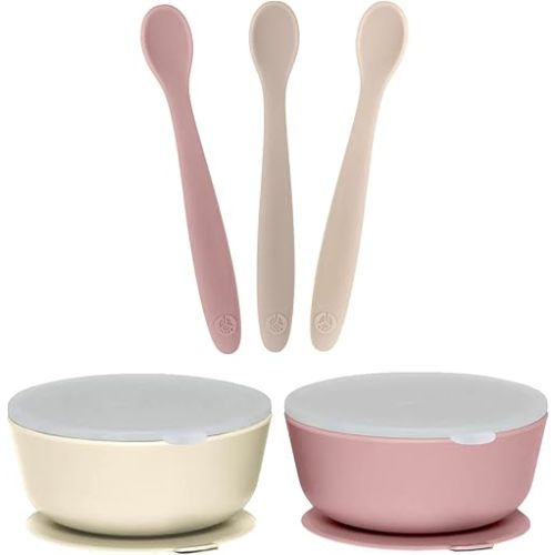 WeeSprout 3 Silicone Baby Spoons & 2 Bowls with Lids Bundle - Soft-Tip, Bendable Feeding Utensils - Durable, Travel-Friendly, Dishwasher Safe - Yellow & Purple